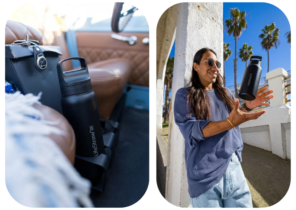 Czarna butelka z filtrem ze stali nierdzewnej w samochodzie i podczas zwiedzania miasta